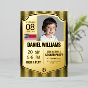 Fußball-Birthday-Einladung, Fußballschild Gold Folieneinladung