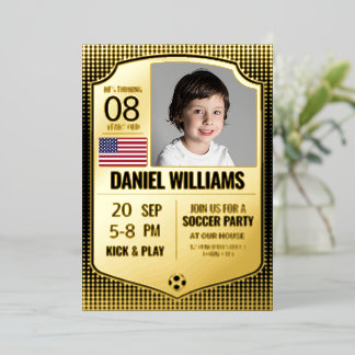 Fußball-Birthday-Einladung, Fußballschild Gold Folieneinladung