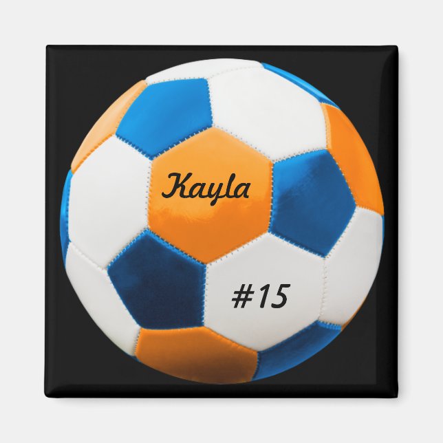 Fußball Blau und Orange Square Magnet (Vorne)