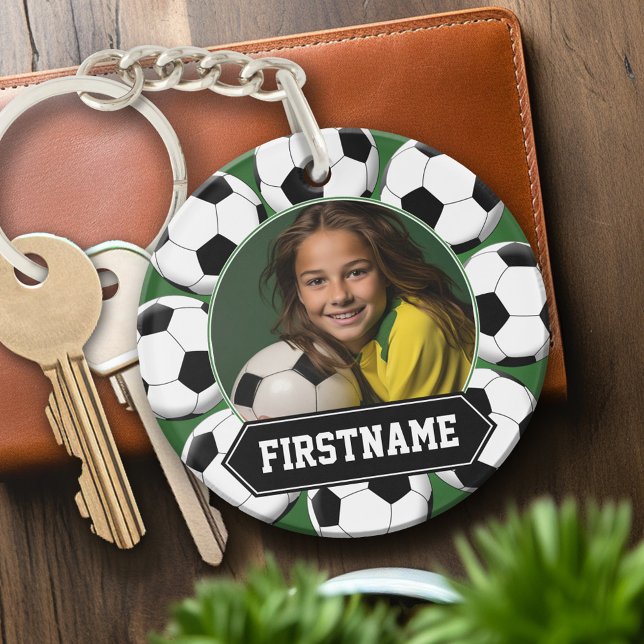 Fußball-Foto für Mannschaft oder Spieler - grün Schlüsselanhänger (Personalized keychain with photo and soccer balls)