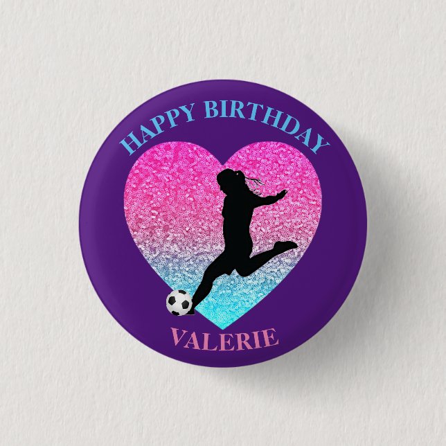 Fußball-Girl "Happy Birthday" Herz  Button (Vorderseite)