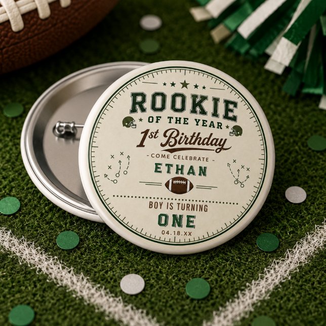 Fußball Green Rookie 1. Geburtstagsfeier Button (Football Green Rookie 1st Birthday party Button
)