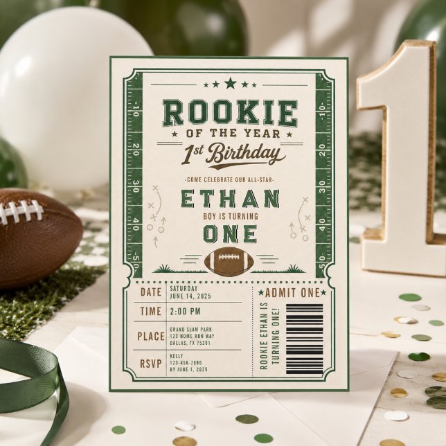 Fußball Green Rookie 1. Geburtstagsfeier Einladung (Football Green Rookie 1st Birthday party Invitation
)