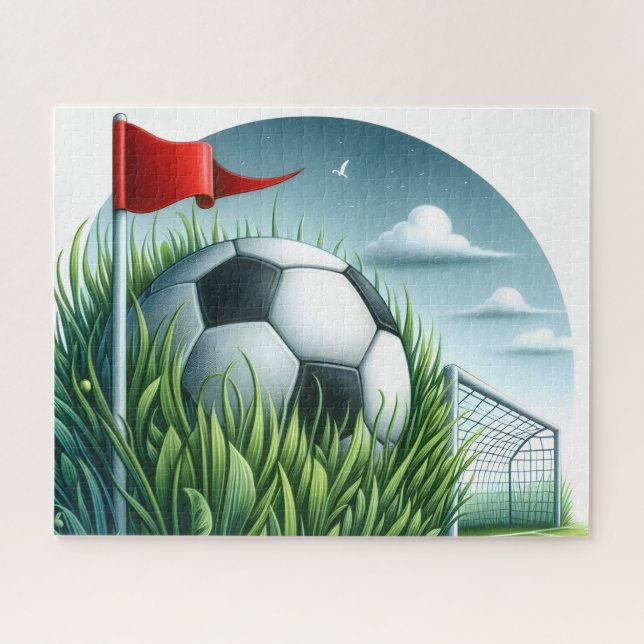 Fußball im Gras sitzend Puzzle (Horizontal)