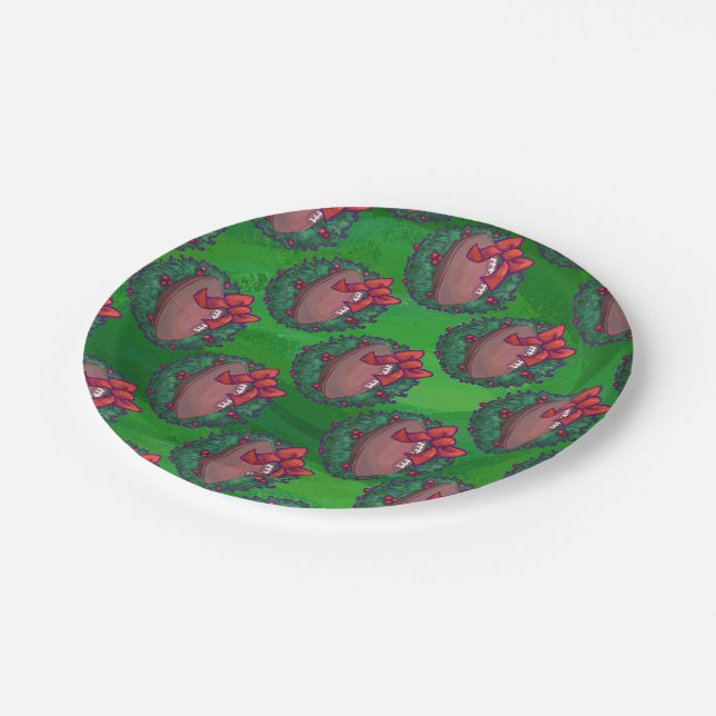 Fußball im Weihnachtsreich auf Grün Pappteller (Schrägansicht)