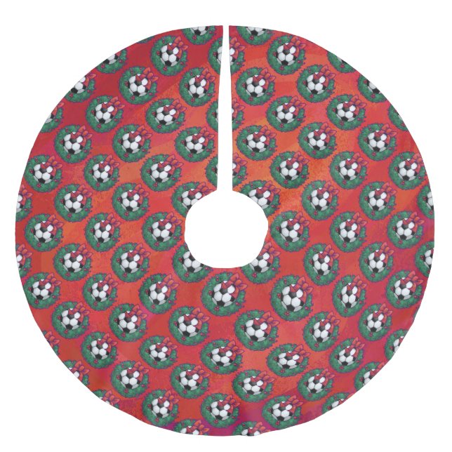 Fußball im Wreath-Muster auf Rot Polyester Weihnachtsbaumdecke (Vorderseite)