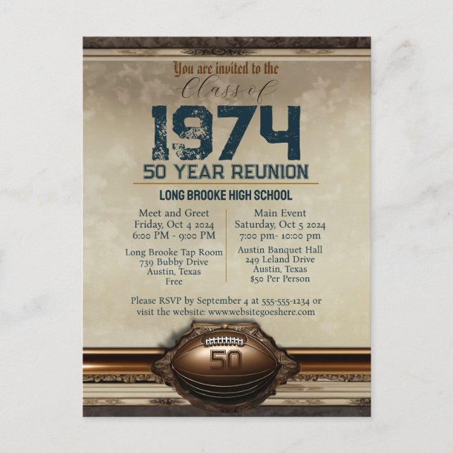 Fußball-Klasse von 1974 50 Jahre High School Wiede Postkarte (Vorderseite)