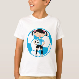 Fußball-Mädchen 2 und Ball-blaue und weiße T-Shirt