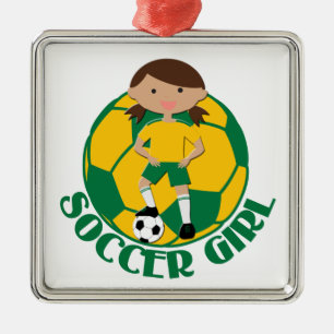 Fußball-Mädchen 4 und Ball grünes und gelbes v2 Ornament Aus Metall