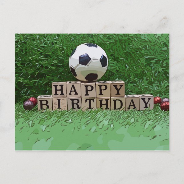 Fußball mit Happy Birthday Wort auf grünem Auto Postkarte (Vorderseite)