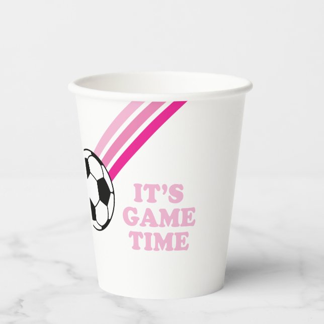 Fußball Pink Stripes Game Time Birthday Pappbecher (Vorderseite)