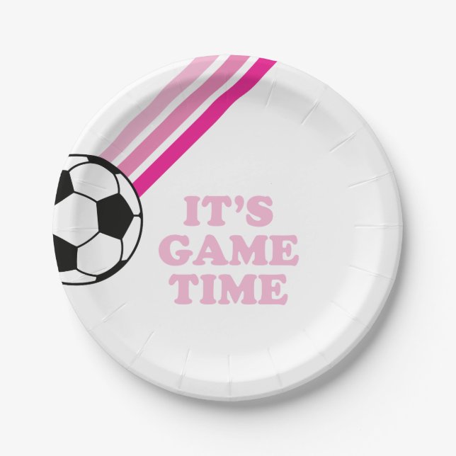 Fußball Pink Stripes Game Time Birthday Pappteller (Vorderseite)