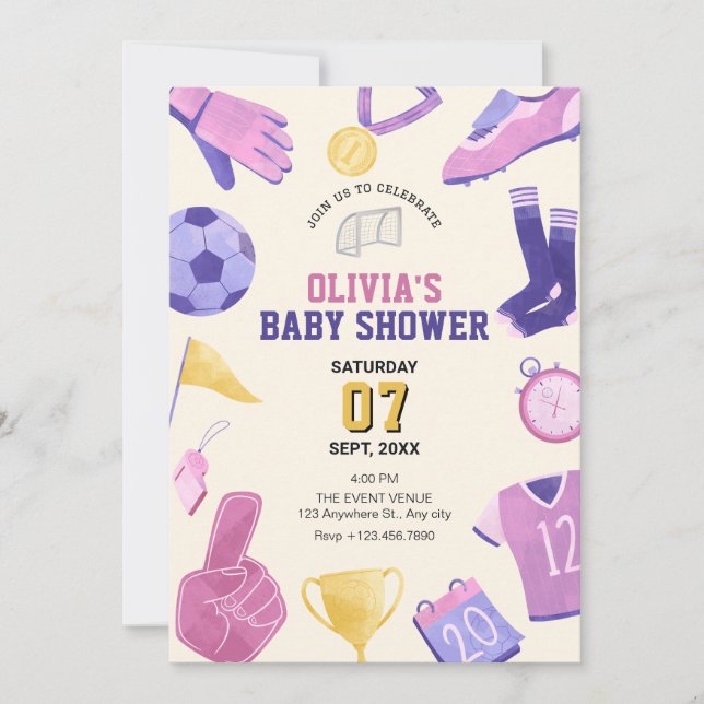 Fußball-Rosa lila Spielbabydusche Einladung (Vorderseite)