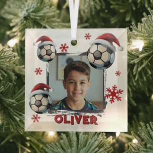 Fußball Santa Hut Name Foto Weihnachten Ornament Aus Glas