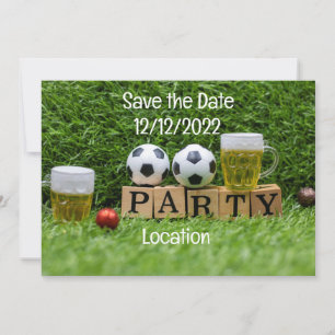 Fußball Save the Date mit Ball und Bier-Party Einladung