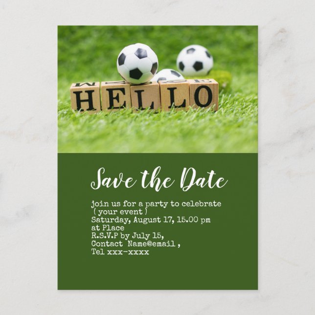 Fußball Save the Date mit dem Ball auf grüner HELL Postkarte (Vorderseite)