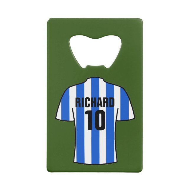 Fußball-Shirt in Blau und Weiß Streifen Geldbeutel Flaschenöffner (Vorderseite)