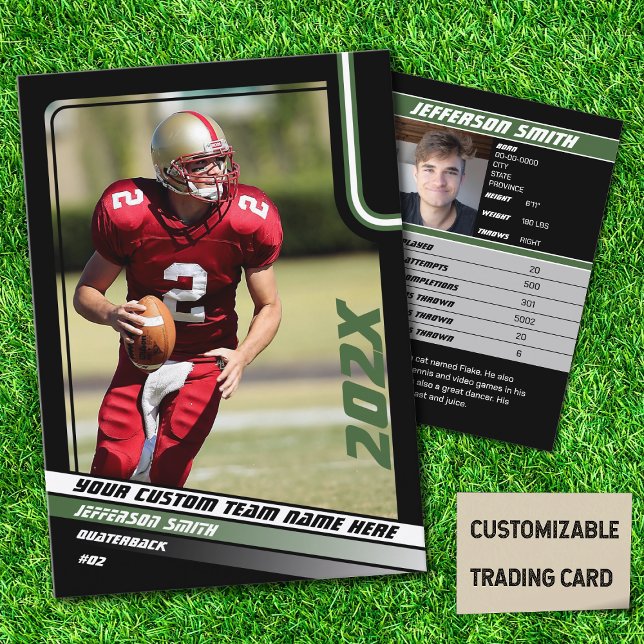 Fußball-Spieler-Handelskarte benutzerdefiniertes G Telefonnummerkarte (American Football Player Trading Card in Black with Custom Team and Player Name with Green Stripes)