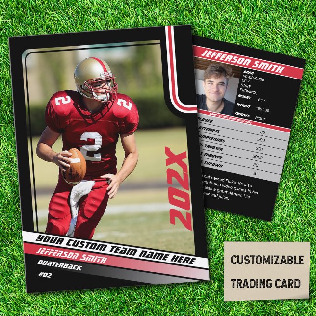 Fußball Spieler Handelskarte Custom Gift in Red Telefonnummerkarte (American Football Player Trading Card in Black with Custom Team and Player Name with Red Stripes)