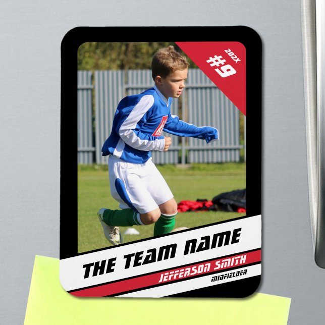 Fußball-Spieler-Handelskarte in der roten schwarze Magnet (Soccer Player Magnet in Black with Custom Team Name and Red White Elements)
