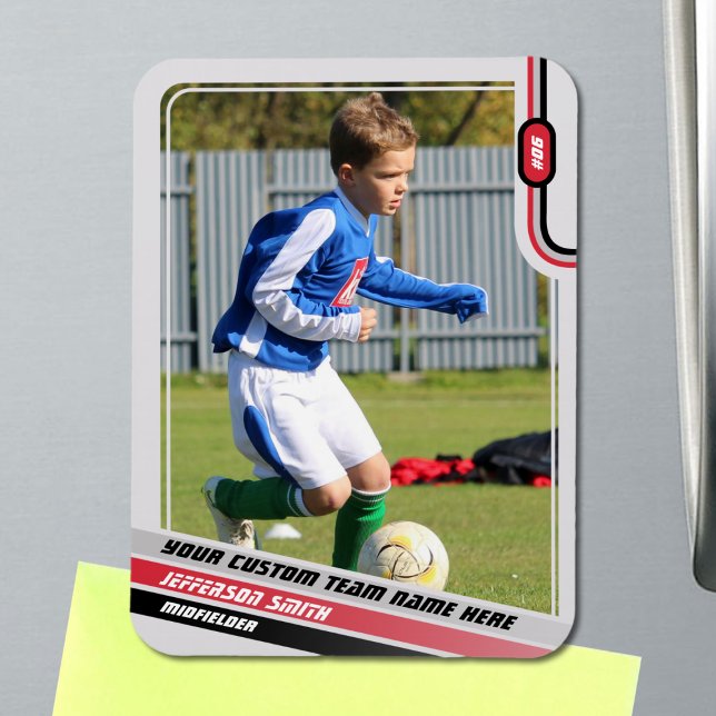 Fußball-Spieler-Handelskarte Light Gray Red Magnet (Soccer Player Magnet in Light Grey with Custom Team Name and Red Black Elements)