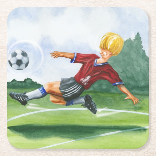 Fußball-Spieler spielen einen Ball von Jay Throckm Rechteckiger Pappuntersetzer (Vorderseite)
