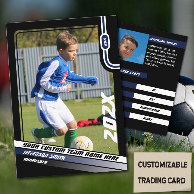 Fußball-Spielerkarte in Schwarz Blau Telefonnummerkarte (Soccer Player Trading Card in Black with Custom Team Name and Blue White Elements)