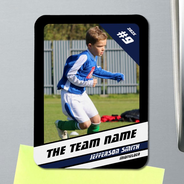 Fußball-Spielerkarte in Vigorot Blue Black Magnet (Soccer Player Magnet in Black with Custom Team Name and Blue White Elements)