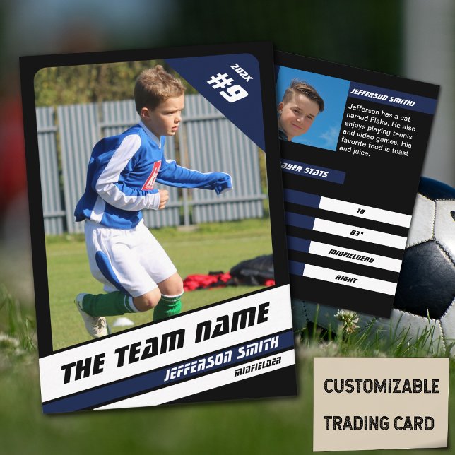 Fußball-Spielerkarte in Vigorot Blue Black Telefonnummerkarte (Soccer Player Trading Card in Black with Custom Team Name and Vibrant Blue White Elements)