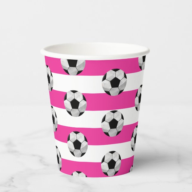Fußball-Tasse aus rosa und weißem Streifen Pappbecher (Vorderseite)