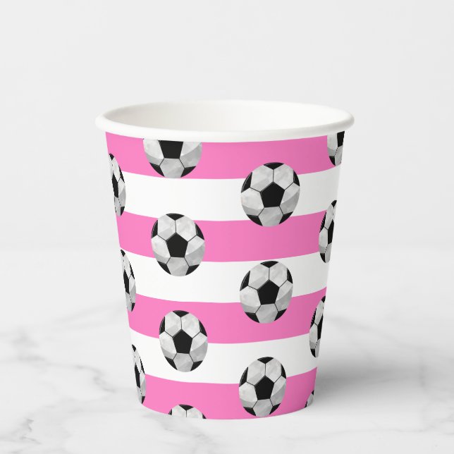 Fußball-Tasse aus rosa und weißem Streifen Pappbecher (Vorderseite)