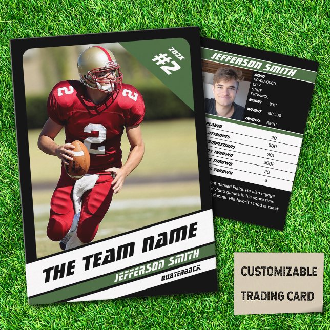Fußball Team Trading Card Sport Geschenk Idee Grün Telefonnummerkarte (American Football Player Trading Card in Black with Custom Team Name with Green Stripes
)