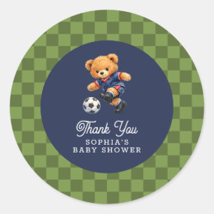 Fußball-Teddybär Karo-Retro-Baby-Party Runder Aufkleber