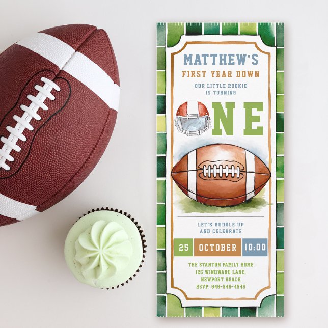 Fußball Ticket Sport Thema Niedlich Junge 1. Gebur Einladung (first year down football birthday invitation photo watercolor sports ticket boy green)