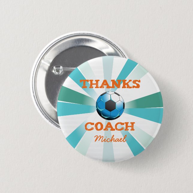 Fußball-Trainer Danke, Orange auf Aquamarinen, bla Button (Vorne & Hinten)