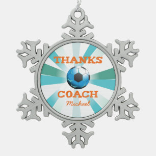 Fußball-Trainer Danke, Orange auf Aquamarinen, bla Schneeflocken Zinn-Ornament
