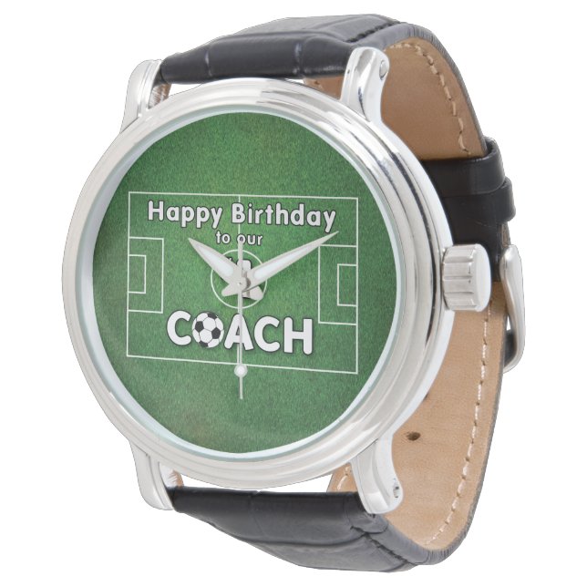 Fußball-Trainer Geburtstag mit Grasfeld und Ball Armbanduhr (Schrägansicht)