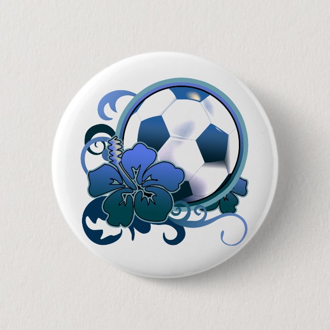 Fußball-tropischer Blumen-Blau-Knopf Button (Vorderseite)