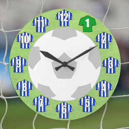 Fußball-Uhr - mit blau gestreiften Shirts Große Wanduhr