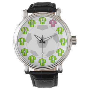 Fußball-Uhr - mit grünem und gelbem Streifen Armbanduhr