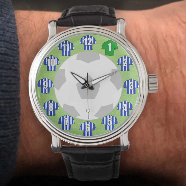 Fußball-Uhr - mit Shirts aus blau-weiß gestreift Armbanduhr (Von Creator hochgeladen)