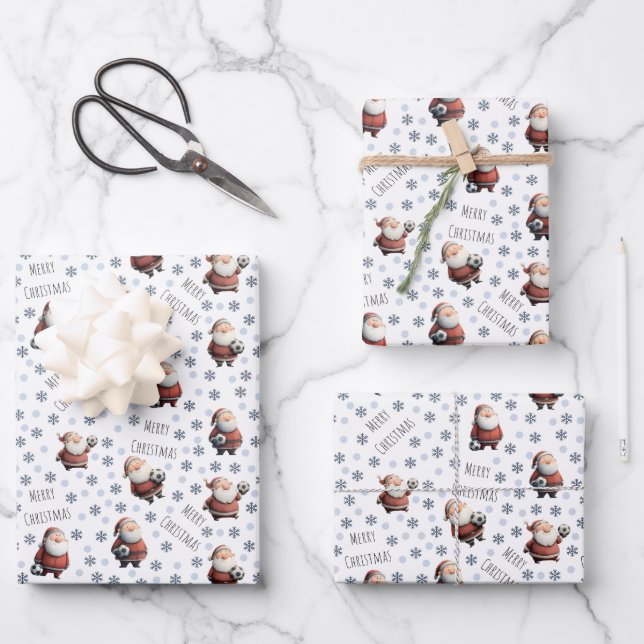 Fußball-Weihnachtsmann auf Weiß Geschenkpapier Set (Vorderseite)