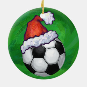 Fußball-Weihnachtsmannmütze auf Grün Keramik Ornament