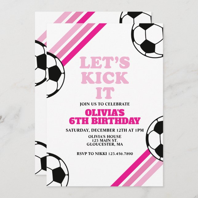 Fußball Wir kick's it Pink Stripe Birthday Einladung (Vorne/Hinten)