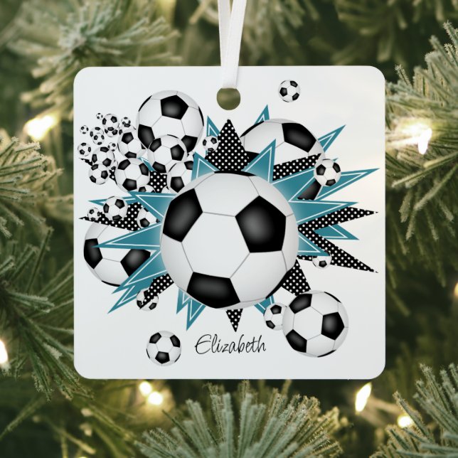 Fußballbällchen aquamarine Schwarze-Sterne-Girls Ornament Aus Metall (InSitu)
