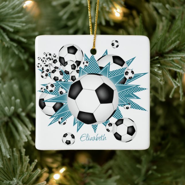 Fußballbällchen aquamarine Weiße Sterne Girls Spor Keramikornament (Baum)