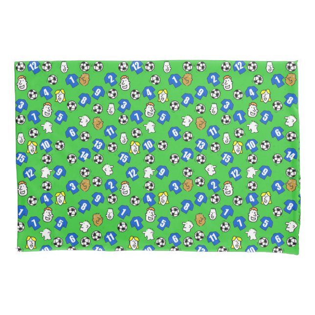 Fußbälle, blaue Shirts und Fans Kissenbezug (Vorderseite)