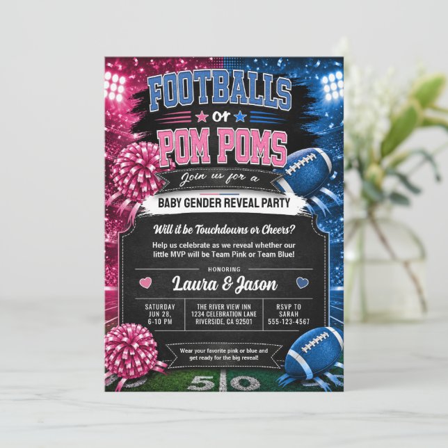 Fußbälle oder Pom-Poms-Party-Einladung, Geschlecht Einladung (Stehend Vorderseite)