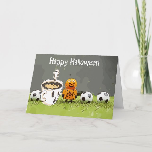 Fußballfröhliches Halloween mit Bälle auf grünem G Karte (Vorderseite)