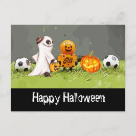 Fußballfröhliches Halloween mit Bälle auf grünem G Postkarte